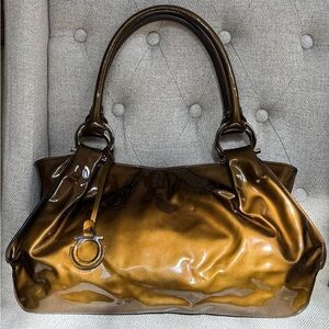 Authentic Salvatore Ferragamo Patented Leather Shoulder Bag